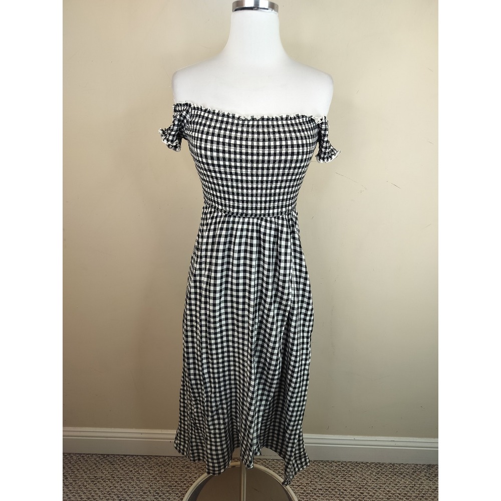 Hollister Gingham Off Shoulder Dress Womens XS Smocked Faux Wrap Black